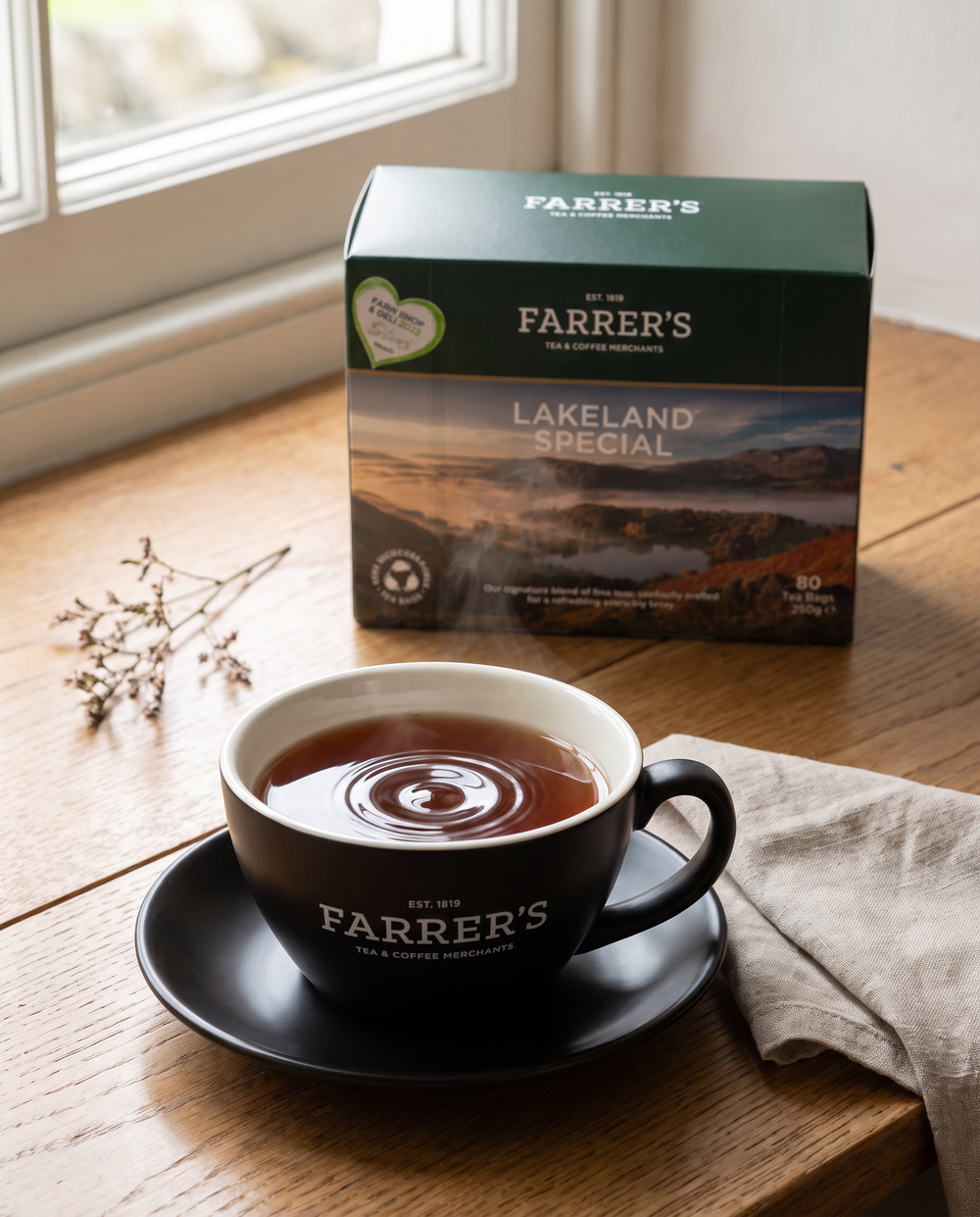 Lakeland Special tea poured into a current Farrer's cup, showing a deep amber cup