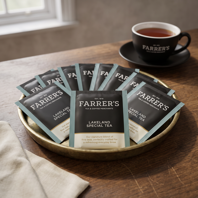 Individually wrapped Lakeland Special tea bags in a service setting