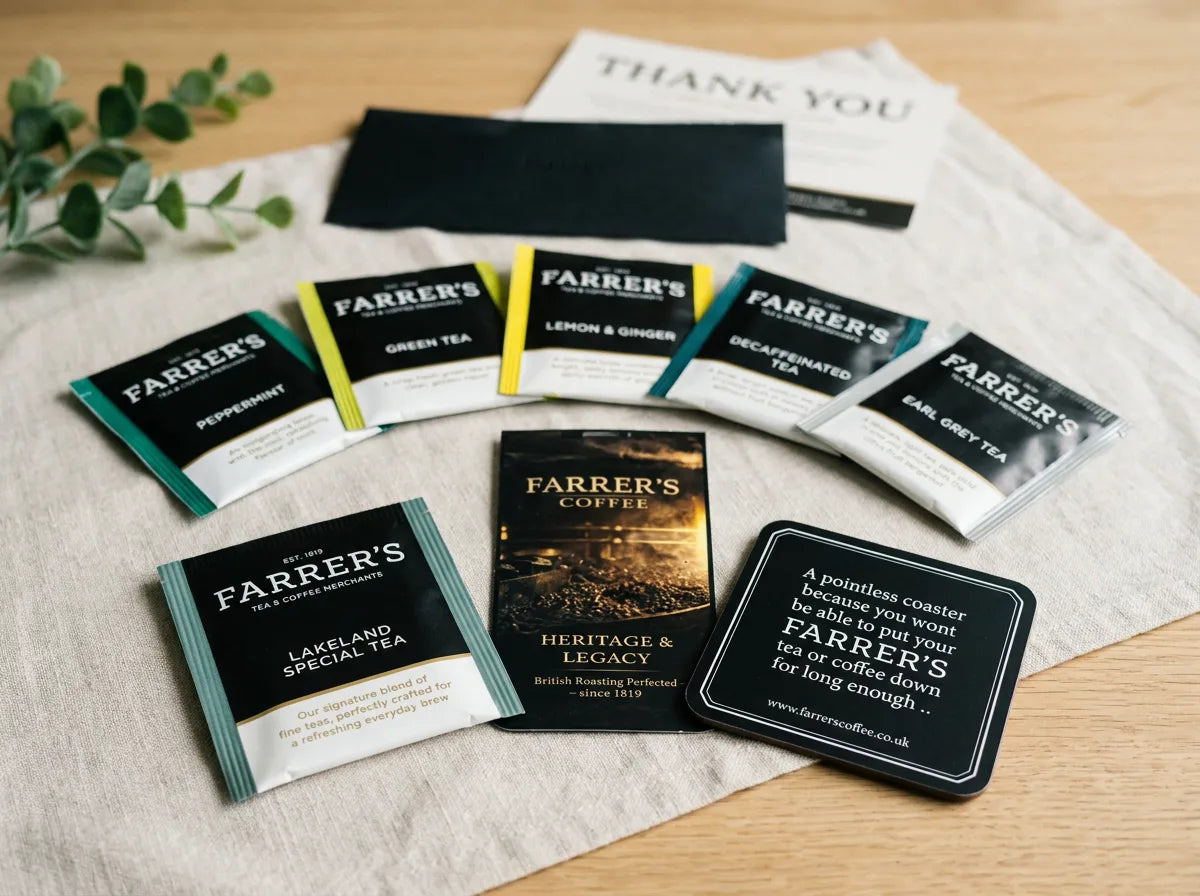 Teas, coasters, letter & guide flatlay