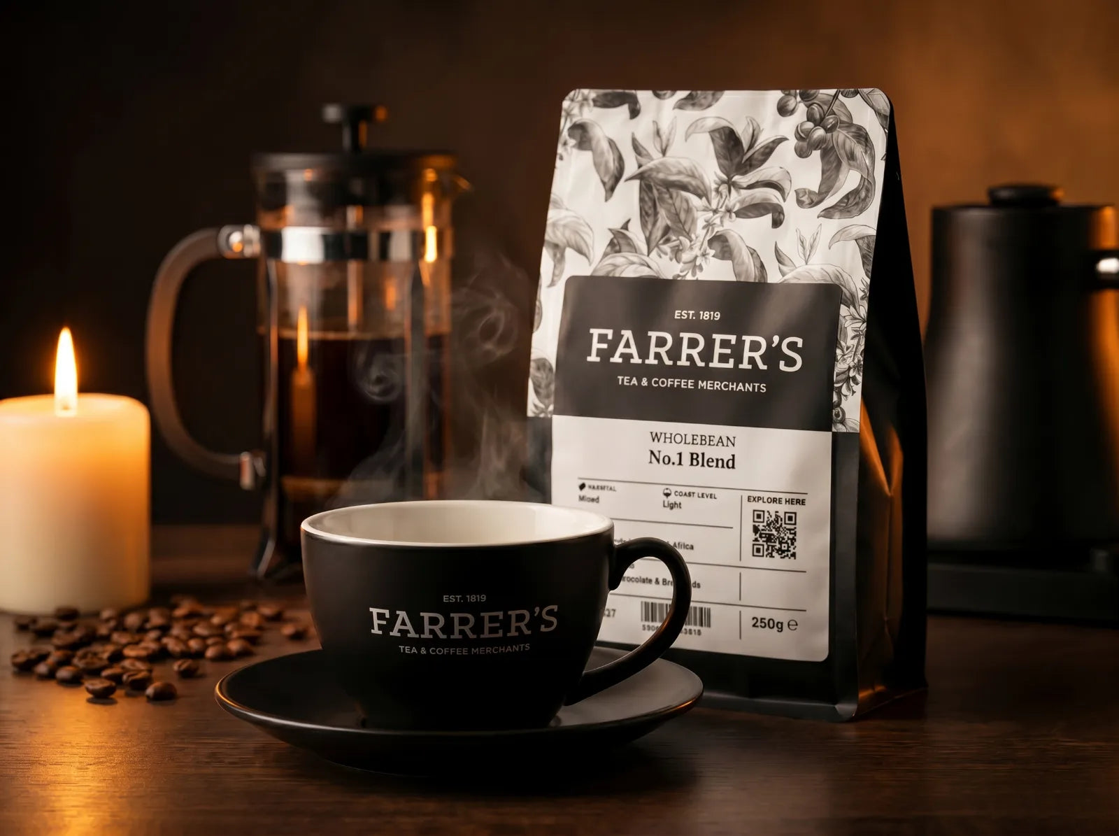 Lifestyle — cup, pack & cafeti&egrave;re on a wooden table
