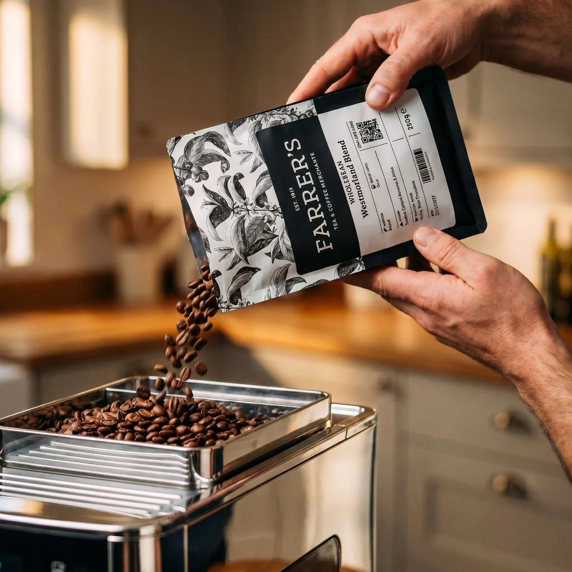 Filling a grinder with Farrer's beans