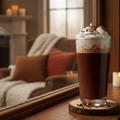 Glass of hot chocolate with whipped cream on top, in a cosy background 