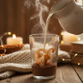 pouring hot milk into glass with hot chocolate powder in it with a cozy background